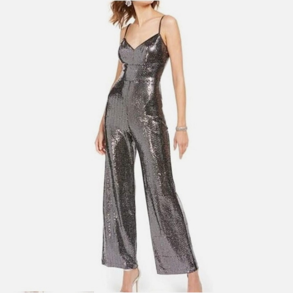 Eliza J Shimmering Silver Sequin Jumpsuit